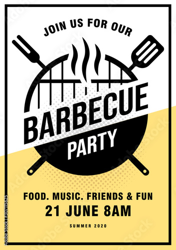 Lovely vector barbecue party invitation design template. Trendy BBQ cookout poster design with classic charcoal grill, fork, cooking paddle and sample text.