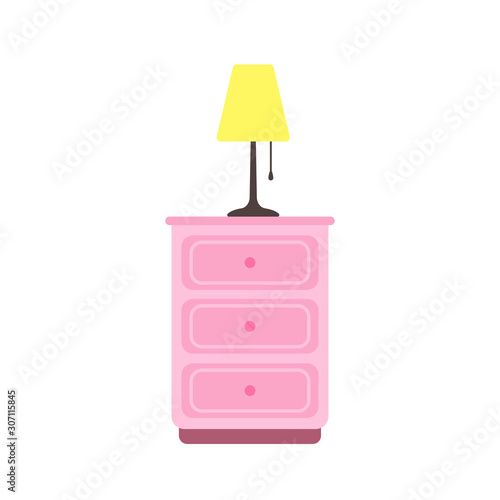 Pink nightstand with lamp in flat style