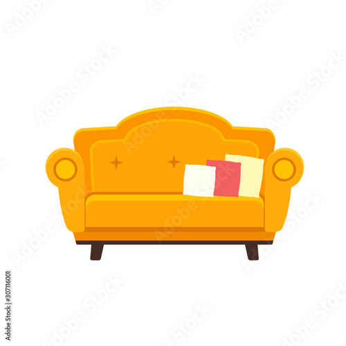 Yellow sofa with pillows in flat style