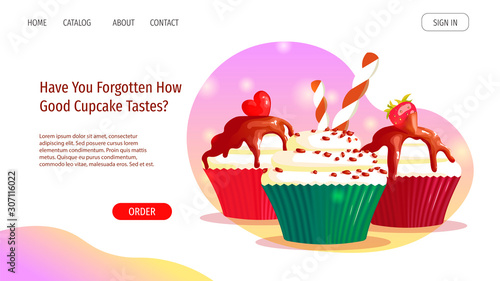 Web page design template for Bakery, Bakeshop, Dessert, Birthday, Recipes. Sweet cupcakes with different toppings. Vector illustration for banner, advertising, website, poster, flyer.