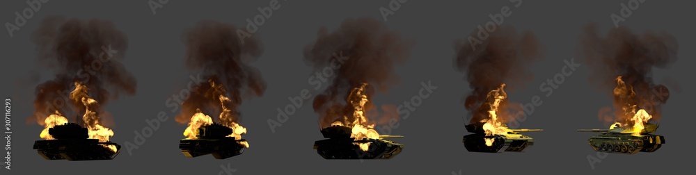 army tank with not existing design in flames wrecked in combat isolated on dark grey background, military 3D Illustration for heroism concept