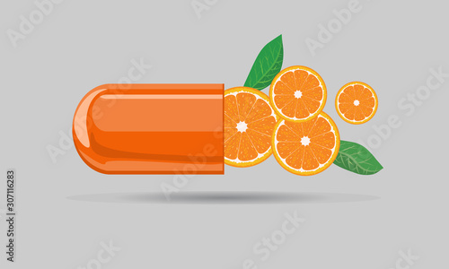 Capsule pill mock up with orange fruit and leaf for hand drawn cartoon style. Flat and solid color vector illustration.