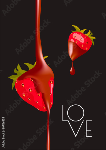 A4 card design with yummy strawberry with chocolate on the black background. Vector illustration for card, postcard, menu, poster, banner.