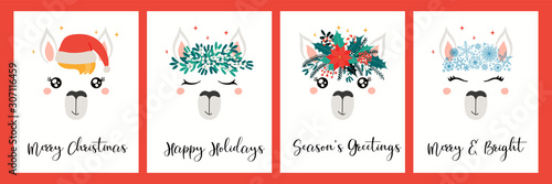 Collection of Christmas cards with different cute llama faces, in Santa Claus hat, flower wreaths, with text. Hand drawn vector illustration. Flat style design. Concept holiday print, invite, gift tag