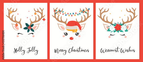 Collection of Christmas cards with different cute reindeer faces, in Santa Claus hat, flower wreath, text. Hand drawn vector illustration. Flat style design. Concept holiday print, invite, gift tag.