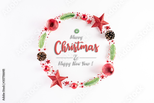 Christmas background concept. Top view of Red and Green Christmas ball with snowflakes on white background.