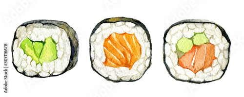 Sushi rolls set, isolated on white background, watercolor illustration