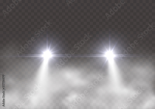 Car headlight effect in fog isolated on transparent background. Realistic white round flares beams in smoke. Vector bright train lights effect with mist at night.