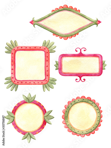 Set of 5 watercolor colorful frames. Fairytale folk hand painted illustration. Isolated on white.