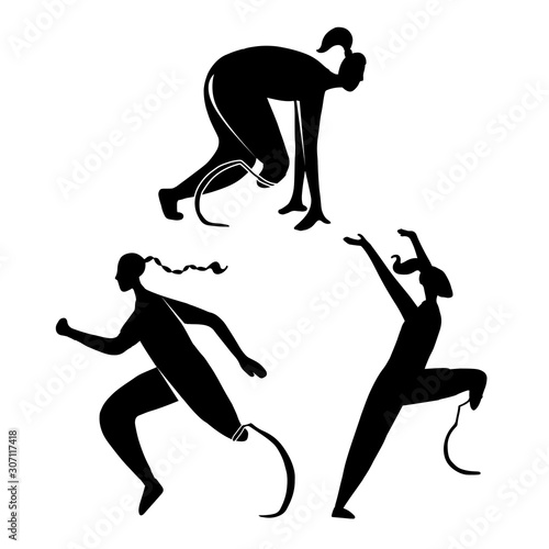 Set of black silhouettes of sports women athletes with prosthetic legs. World without borders. Runners with disabilities. Vector object for logos, icons, badges and your design.