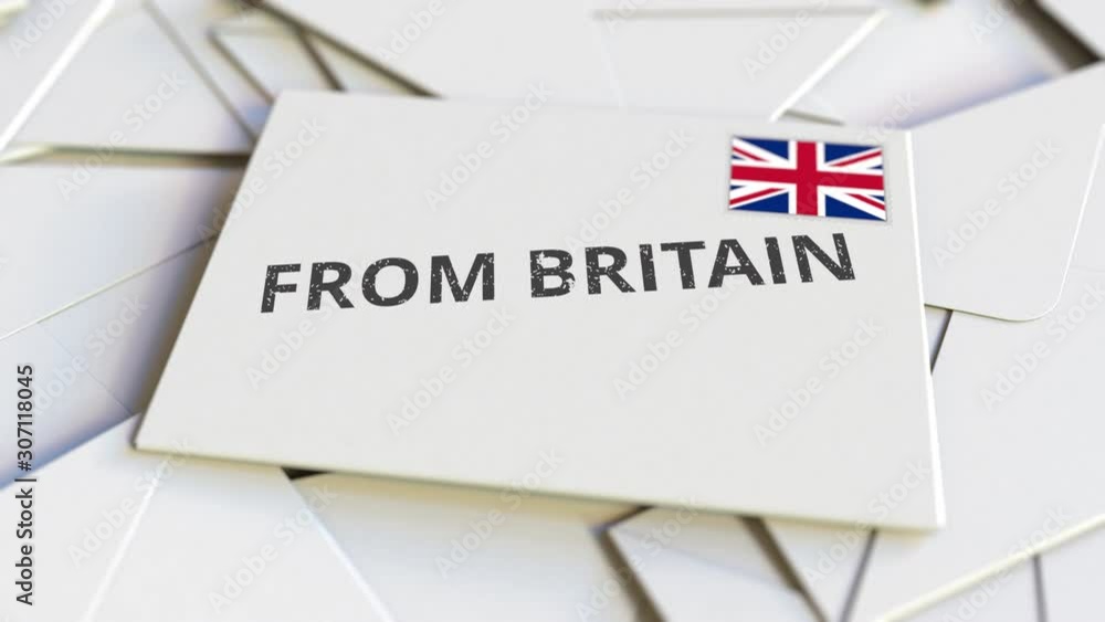 Letter with From Britain text on pile of other Letters. International mail related conceptual 3D animation Letter with From Britain text on pile of other Letters. International mail related conceptual 3D animation