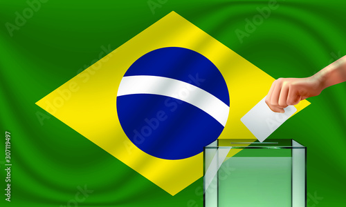 Vote for Brazil election with voting box and Brazilian flag. Vector Illustration.