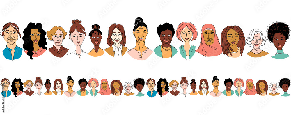 Women's diversity head portraits line drawing doodle poster seamless pattern