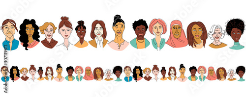 Women's diversity head portraits line drawing doodle poster seamless pattern