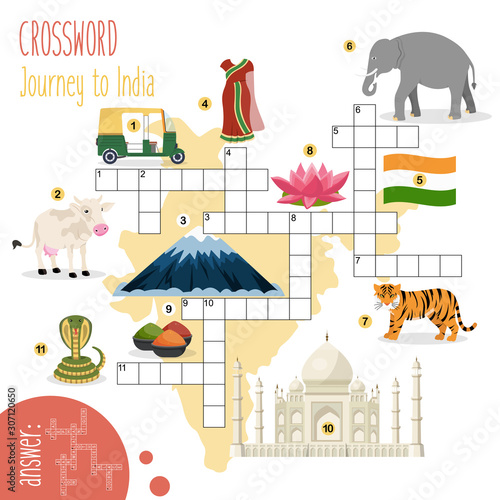 Easy crossword puzzle 'Journey to India', for children in elementary and middle school. Fun way to practice language comprehension and expand vocabulary. Includes answers. Vector illustration.