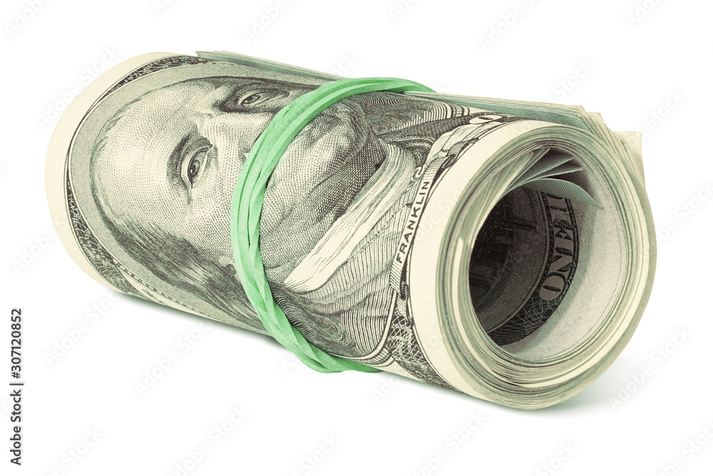 Bundle of Money. One Hundred Dollar Bills Rolled and Tightened with Band. American Dollars Isolated on White Bundle of Money. One Hundred Dollar Bills Rolled and Tightened with Band. American Dollars Isolated on White