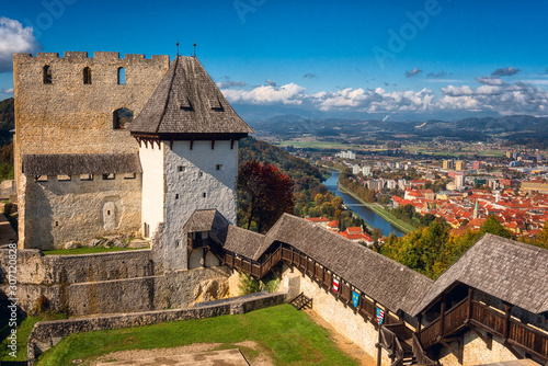 Fényképezés Celje Old castle (Celjski Stari grad), amazing aerial view of medieval fortification and town of Celje in Lasko valley in Julian Alps mountains, Slovenia, Styria