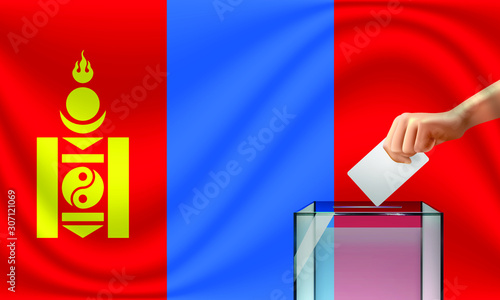 Vote for Mongolia election with voting box and Mongolian flag. Vector Illustration.