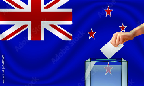 Vote for New Zealand election with voting box and flag. Vector Illustration.