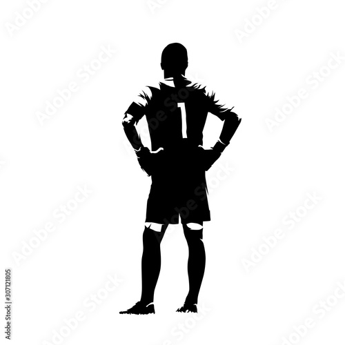 Soccer player goalkeeper standing with hands on hips, isolated vector silhouette, ink drawing
