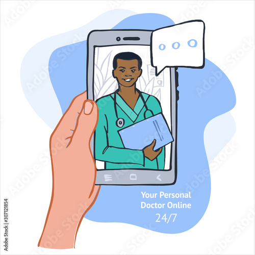 The concept of virtual medicine. Vector illustration. Doctor's consultation online.
