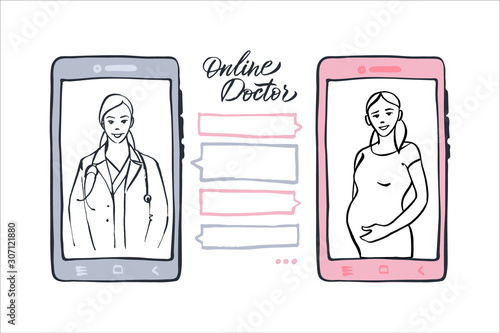 Virtual doctor concept. Observation and consultation of an online pregnant woman. Hand drawn vector illustration.