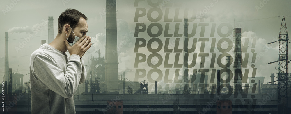 Fototapeta premium Can't breathe. Man wearing the respiratory protection mask against air pollution, dust particles exceed the safety limits because of fuming factories. Healthcare, environmental, ecology concept.
