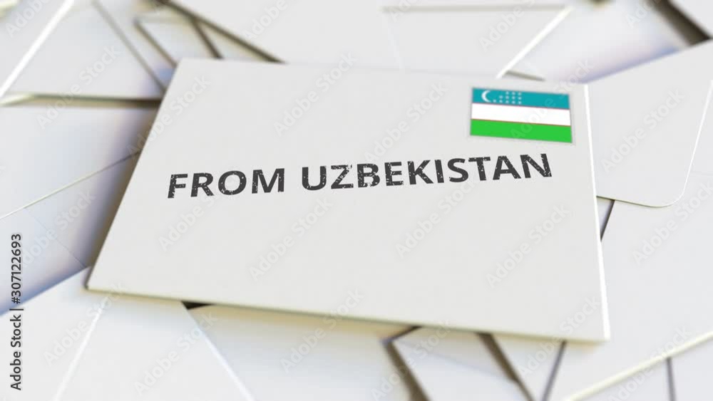 Envelope with From Uzbekistan text on pile of other envelopes. International mail related conceptual 3D animation Envelope with From Uzbekistan text on pile of other envelopes. International mail related conceptual 3D animation