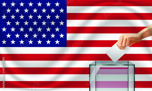 Vote for USA election with voting box and United States flag. Vector Illustration.