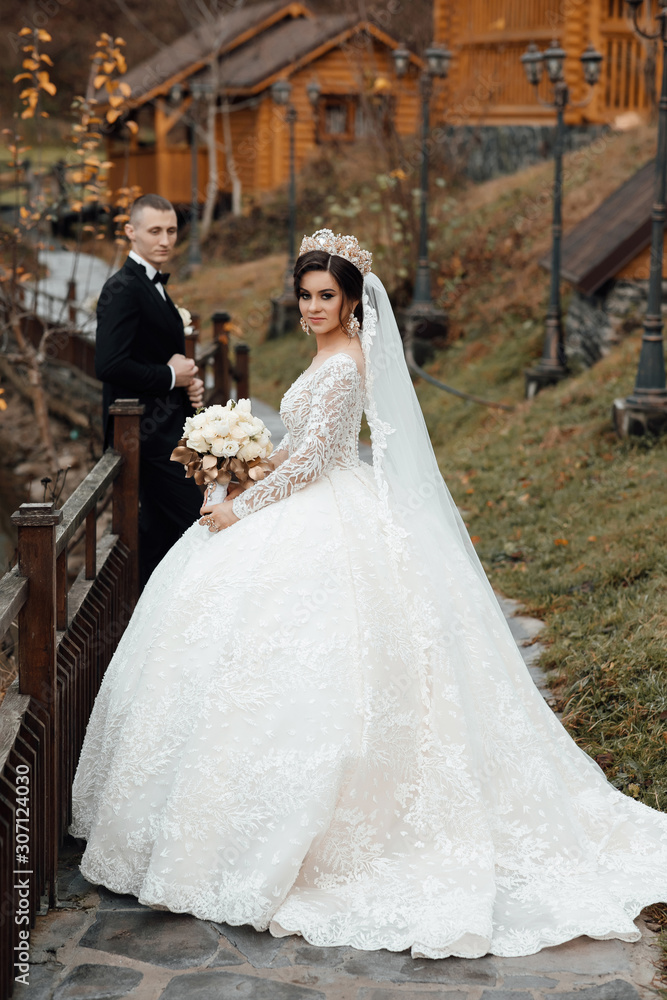 Elegant bride and groom posing together outdoors on a wedding day. Portrait of an attractive groom and bride walking. Young lovers are happy to walk in nature Elegant bride and groom posing together outdoors on a wedding day. Portrait of an attractive groom and bride walking. Young lovers are happy to walk in nature