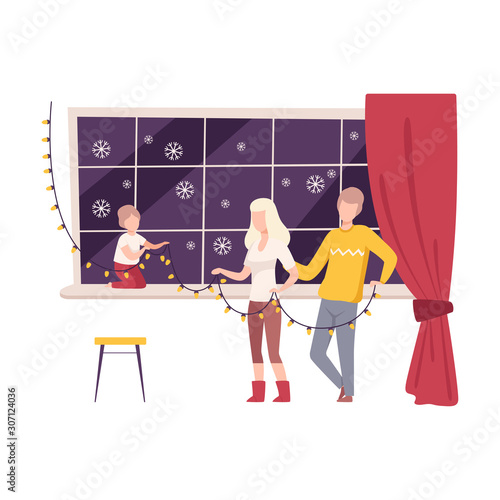 Family Decorating the House Before the New Year Holidays Vector Illustration