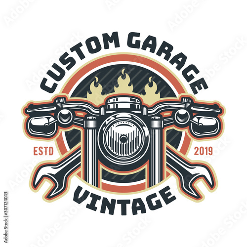 Vintage motorcycle logo template, vector retro custom garage emblem or badge.