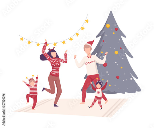 Family Wearing Holiday Attributes Dancing Near the Christmas Tree Vector Illustration