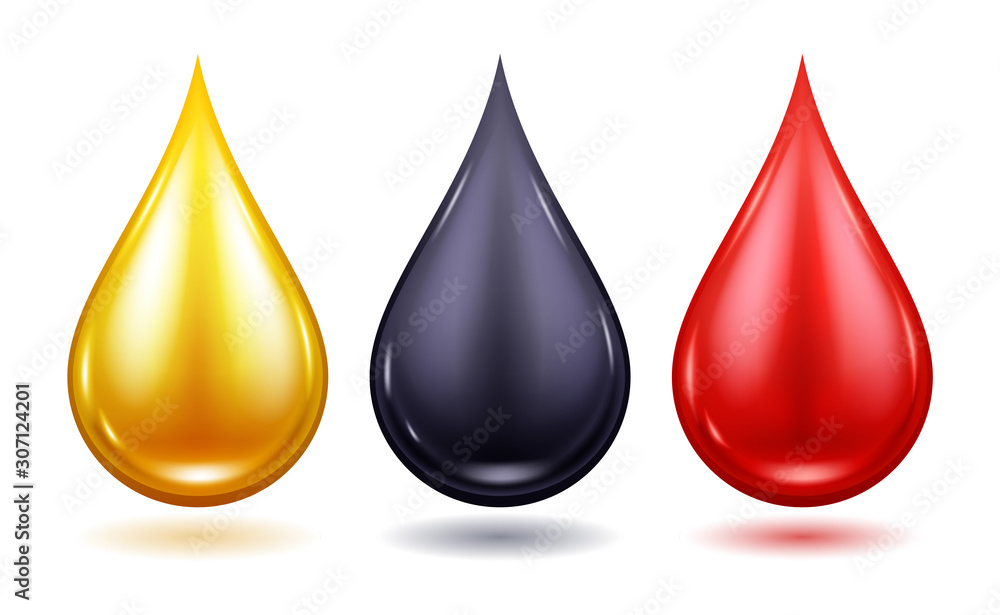 Set of colorful drops - oil, blood, honey. Set of colorful drops - oil, blood, honey.