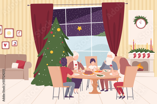 Happy Family Sitting at the Dining Table Together Vector Illustration