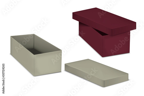 Open color cardboard boxes isolated on white background, vector illustration. Blank rectangular container packaging