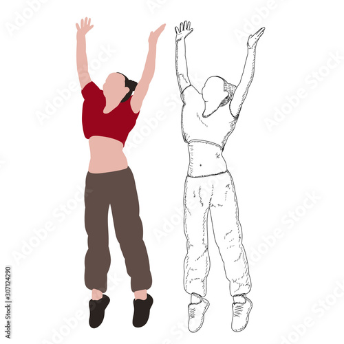 white background, without face, girl jumping in a flat style