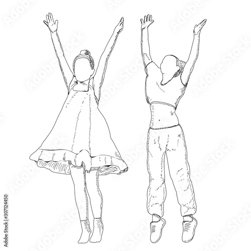 white background, contour, sketch girl rejoices