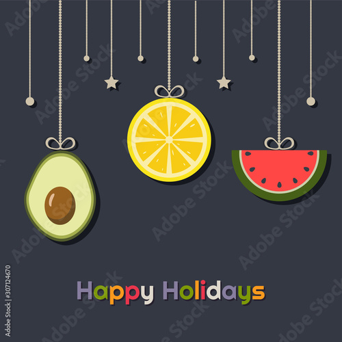 Happy Holidays Greeting Card With Hanging Fruits