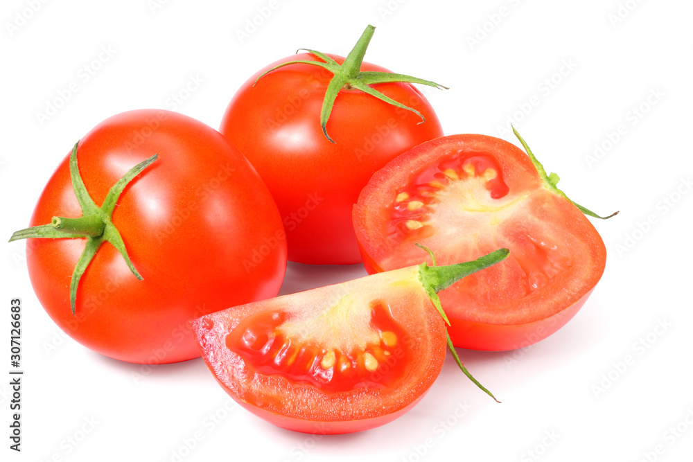 fresh tomatoes with slices isolated on white background fresh tomatoes with slices isolated on white background