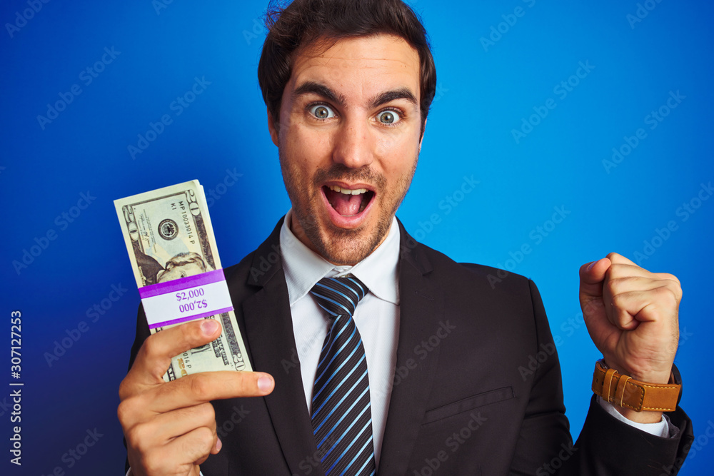 Young handsome businessman wearing suit holding dollars over isolated blue background screaming proud and celebrating victory and success very excited, cheering emotion Young handsome businessman wearing suit holding dollars over isolated blue background screaming proud and celebrating victory and success very excited, cheering emotion