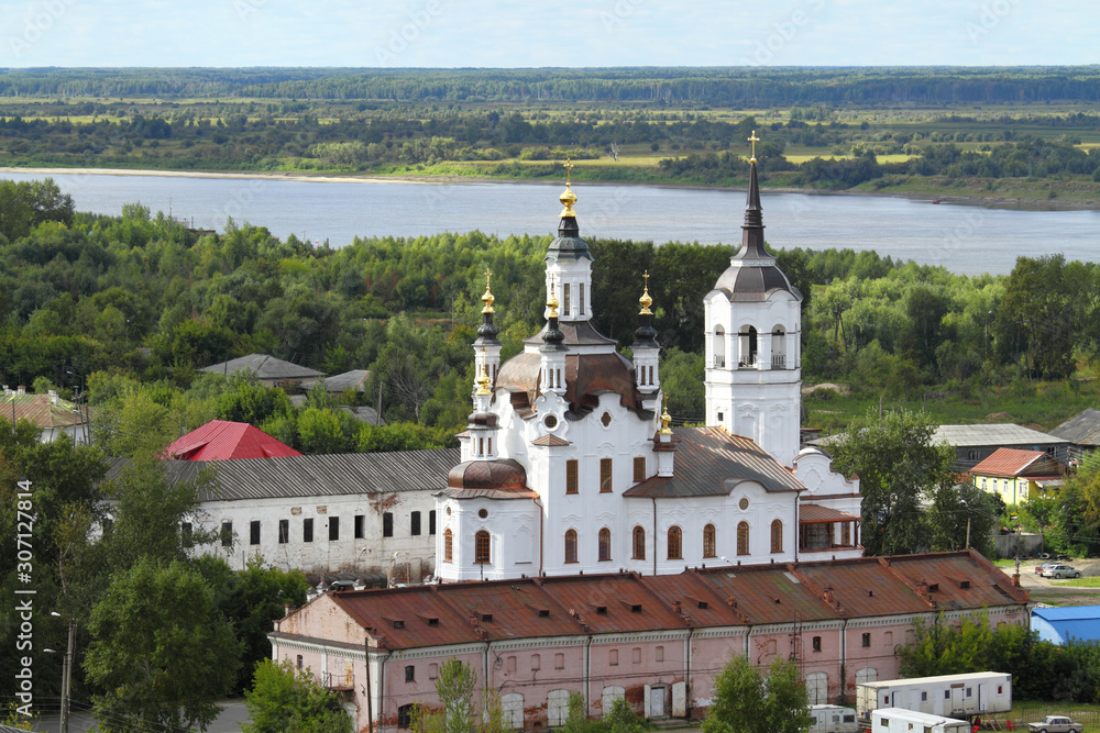 City view with the Church of Zacharias and Elizabeth in the Russian city of Tobolsk in Siberia