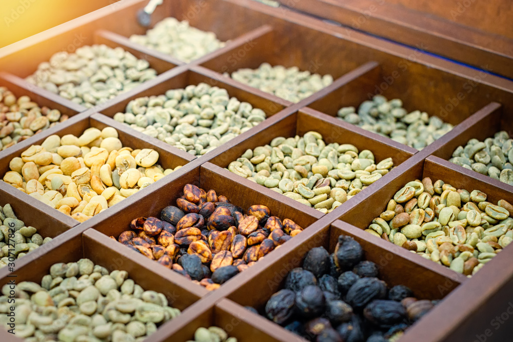 Closeup of a big wooden box with coffee