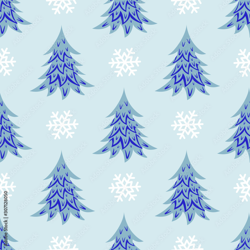 Vector seamless pattern with christmas trees and snowflakes; blue winter design for greeting card, gift box, wallpaper, wrapping paper, fabric, web design.