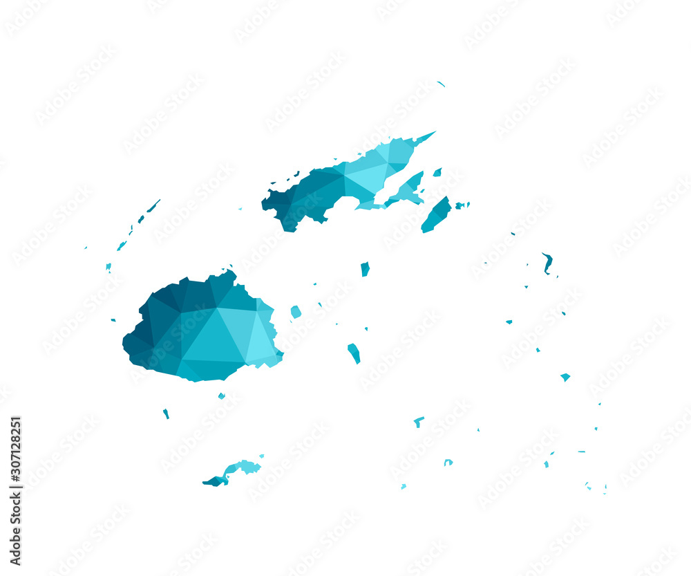 Obraz premium Vector isolated illustration icon with simplified blue silhouette of Fiji map. Polygonal geometric style, triangular shapes. White background