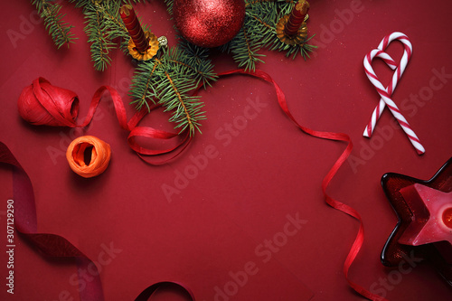 Red Christmas decoration with place for text. Horizontal, top viewplace for text. Horizontal, top view photo