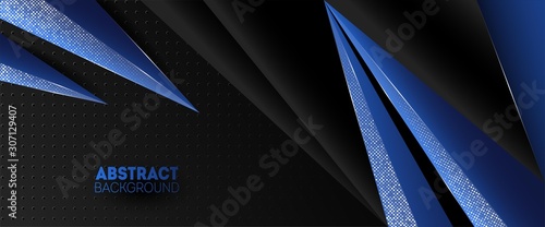 Modern black and blue abstract background with silver shining triangles. Horisontal ads banner template