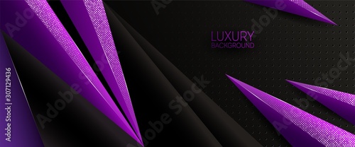 Modern dark luxury abstract background with purple shining triangles. Horisontal ads banner template