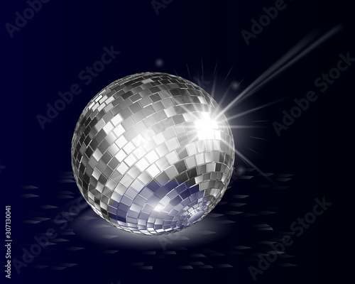 Disco ball abstract background. Silver disco ball on floor shine in dark.