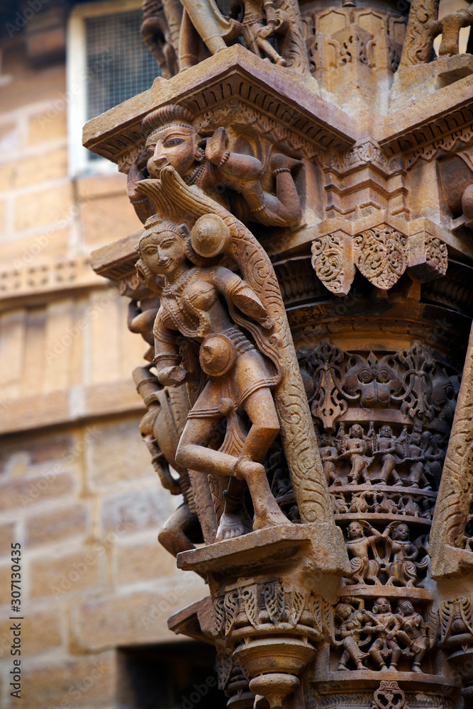 Bracket design with divine dancer on the columns of Shri Mahaveer Jain temple, Jaisalmer Fort, Jaisalmer, Rajasthan, India